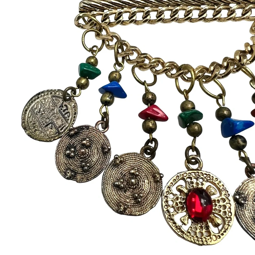 VINTAGE CHAIN BAR W CHAIN SWAG & COIN DANGLES W STONES - ETRUSCAN STYLE BROOCH